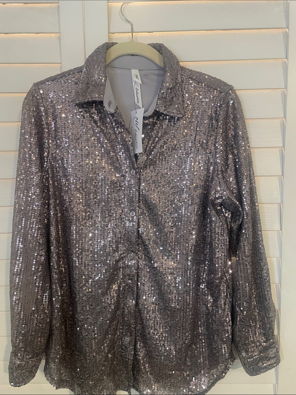 NY Collection Silver Sequin Button-Front Shirt Lined NWT Size L